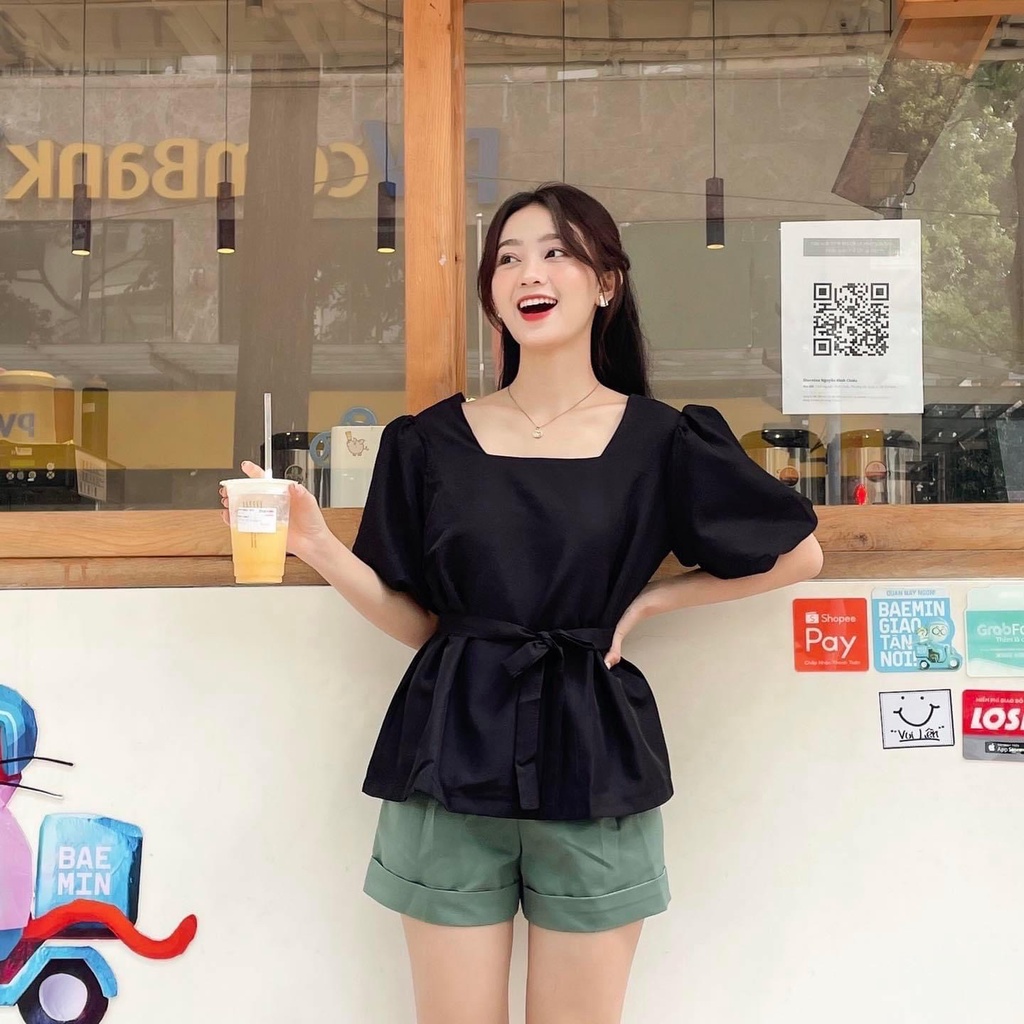 Áo cổ vuông tay phồng thắt nơ eo