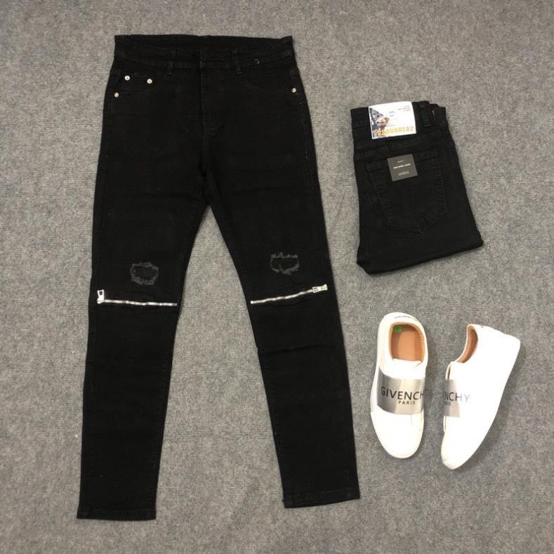 Quần Jean Phối Khoá Kéo Gối Dáng Slim Fit, Jean nam đen trơn. !