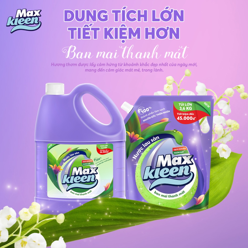 Combo Túi nước giặt xả thiên nhiên 3.6kg + Chai nước lau sàn ban mai 3.6kg + Khăn lau đa năng MaxKleen