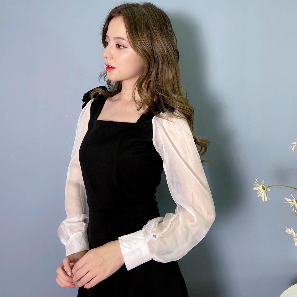 Váy nữ cổ vuông chất umi dáng xòe phối tay voan bồng phom từ 40kg đến 60kg váy đen tay bồng | BigBuy360 - bigbuy360.vn