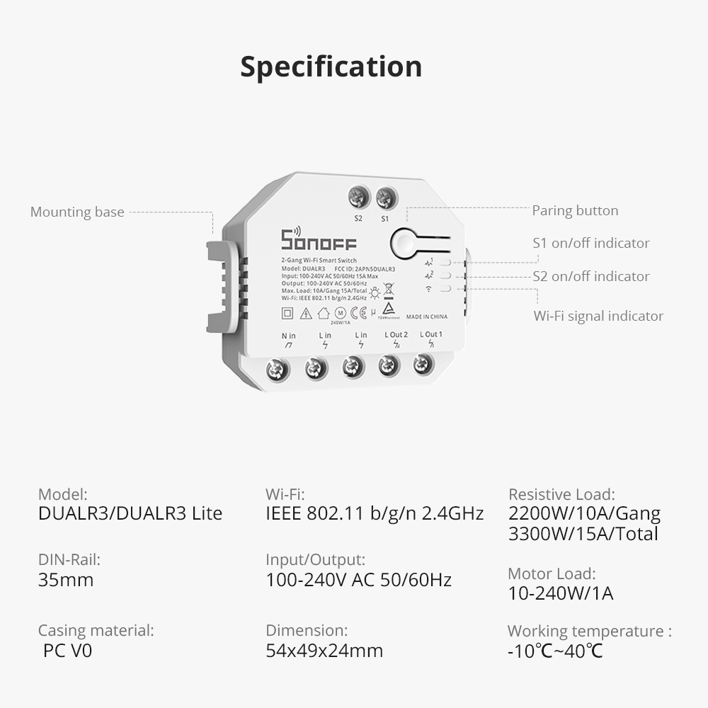 Công tắc điều khiển wifi thông minh 2 chiều GOOGLE SONOFF DUALR3 / DUALR3 Lite