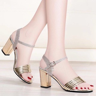 Giày sandal cao gót vuông 7p quai mảnh nhiều dây đồng
