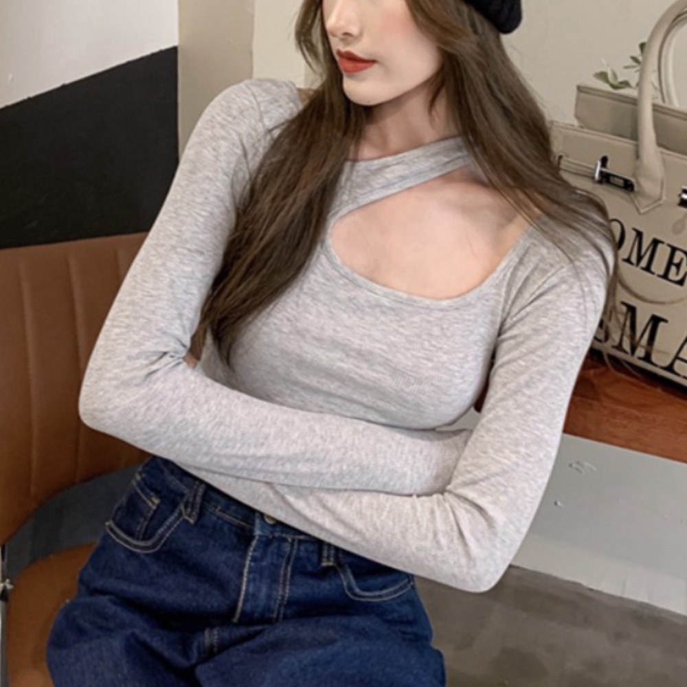 Áo thun nữ tay dài cổ chữ U dáng ôm gợi cảm thời trang