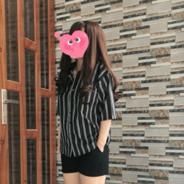 Áo Sơ mi oversize đen 2 sọc trắng - tay ngắn