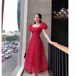 Đầm đỏ ngắn tay phồng cổ vuông ôm eo vải lưới kiếng có mút ngực siêu đẹp