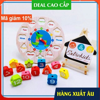 (GỖ TỰ NHIÊN - XUẤT ÂU) Đồ chơi đồng hồ gỗ cho bé - bộ đồ chơi gỗ cao cấp - Đồng Hồ Gỗ Xâu Hạt xem giờ thả khối