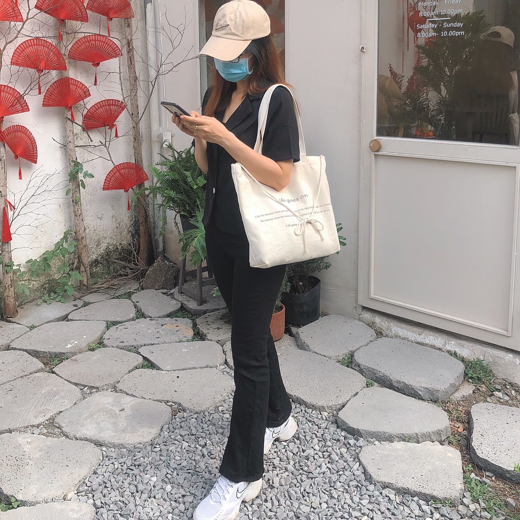 Túi tote kem vải canvas mộc Tadi house xinh xắn style vintage