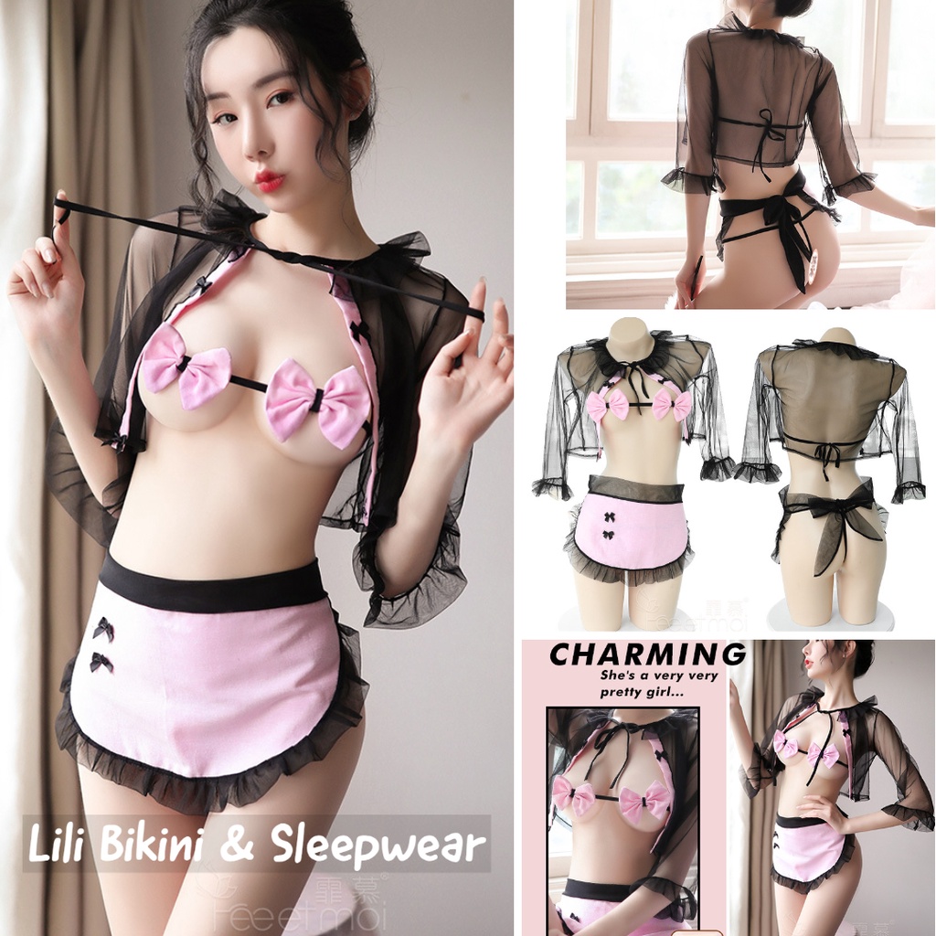 Cosplay hầu gái Nhật Bản độc đáo cá tính mẫu mới màu đen pha hồng nơ ngực siêu quyến rũ lọt khe