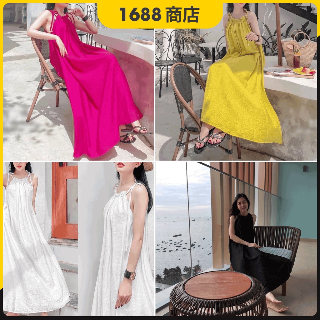 Đầm maxi cổ yếm buộc nơ, chất liệu lụa xước cao cấp