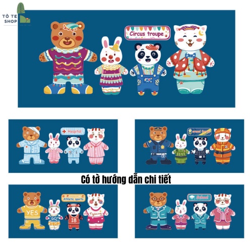 Đồ chơi lắp ráp, thay trang phục gia đình gấu thỏ gồm 5 chủ đề, miếng ghép đẹp, chi tiết bằng nam châm, tặng kèm bút dạ