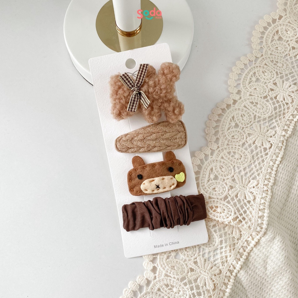 Set 4 kẹp tóc bé gái tone nâu vintage Soda kids phong cách tiểu thư, Hàn Quốc