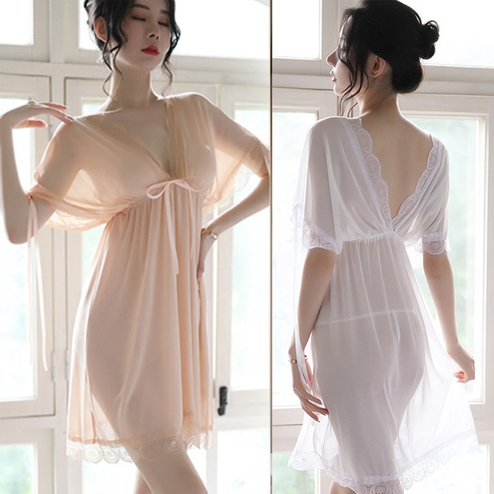 Váy ngủ ren sexy bẹt vai mặc hai kiểu đồ ngủ big size dưới 65kg chất voan thun voanvới màu trắng tinh khôi | BigBuy360 - bigbuy360.vn