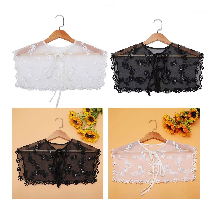 Khăn Choàng Cổ Thêu Hoa Đính Sequin Phối Dây Cột Nơ Có Thể Tháo Rời Cho Nữ