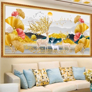 Tranh đính đá phong cảnh hiện đại hươu nai tài lộc. kt: 1m20 x 55cm - 1m50 x 70cm