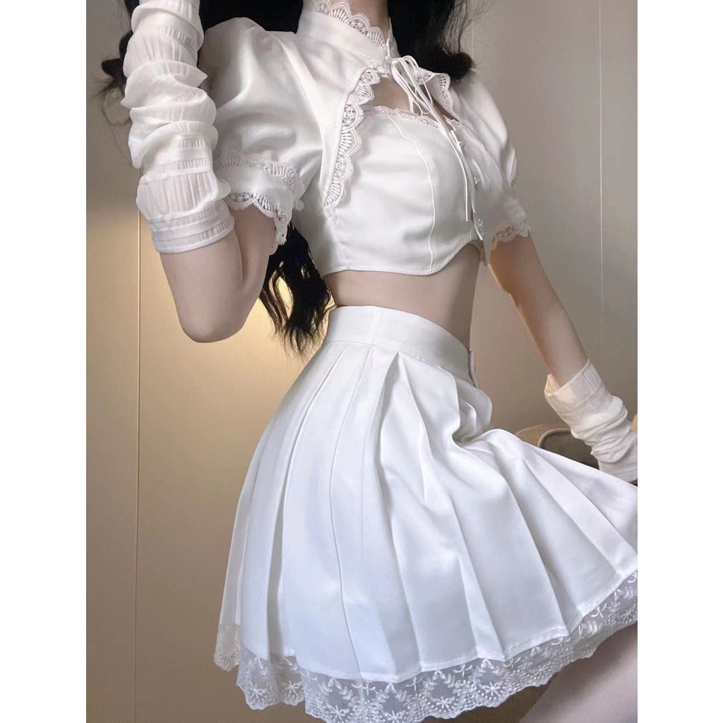 Sẵn size S - Sét váy trắng thiết kế ren sexy tôn dáng ̣