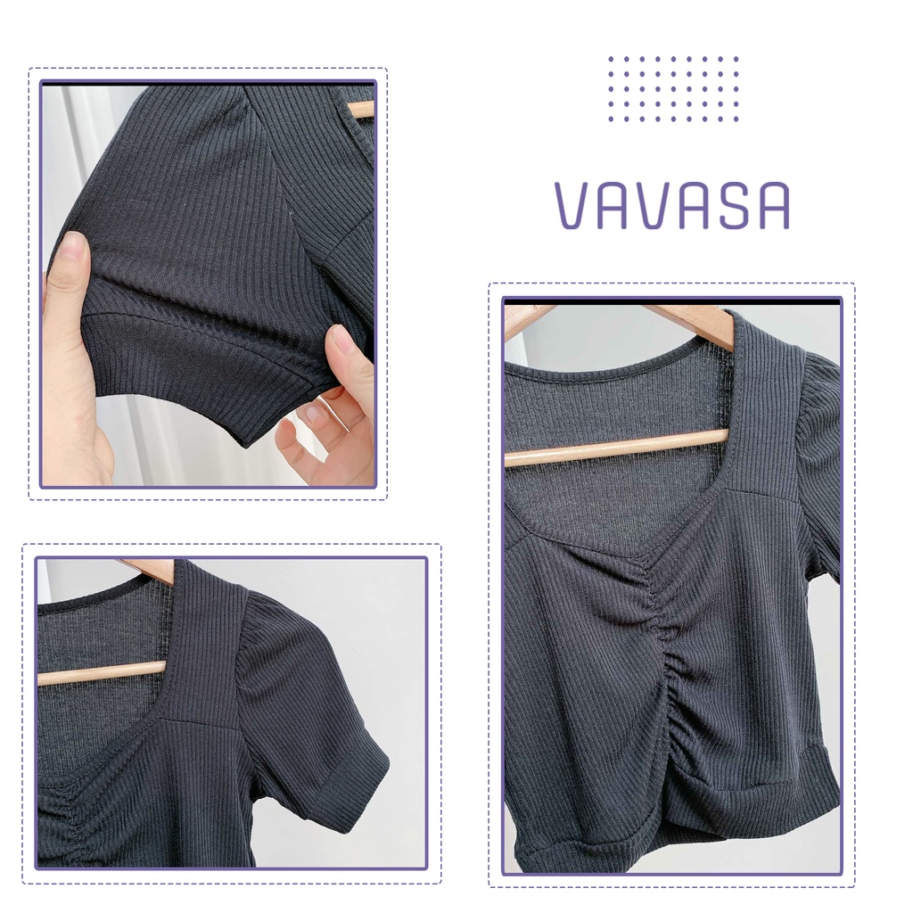 Áo croptop nữ kiểu ôm tay ngắn cổ vuông nhún ngực bigsize thun body tay bồng VAVASA CT15