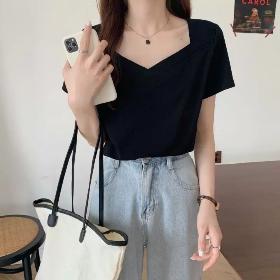 Áo Thun Tay Ngắn Cổ Vuông Dáng Ôm Thời Trang Mùa Hè Cho Nữ