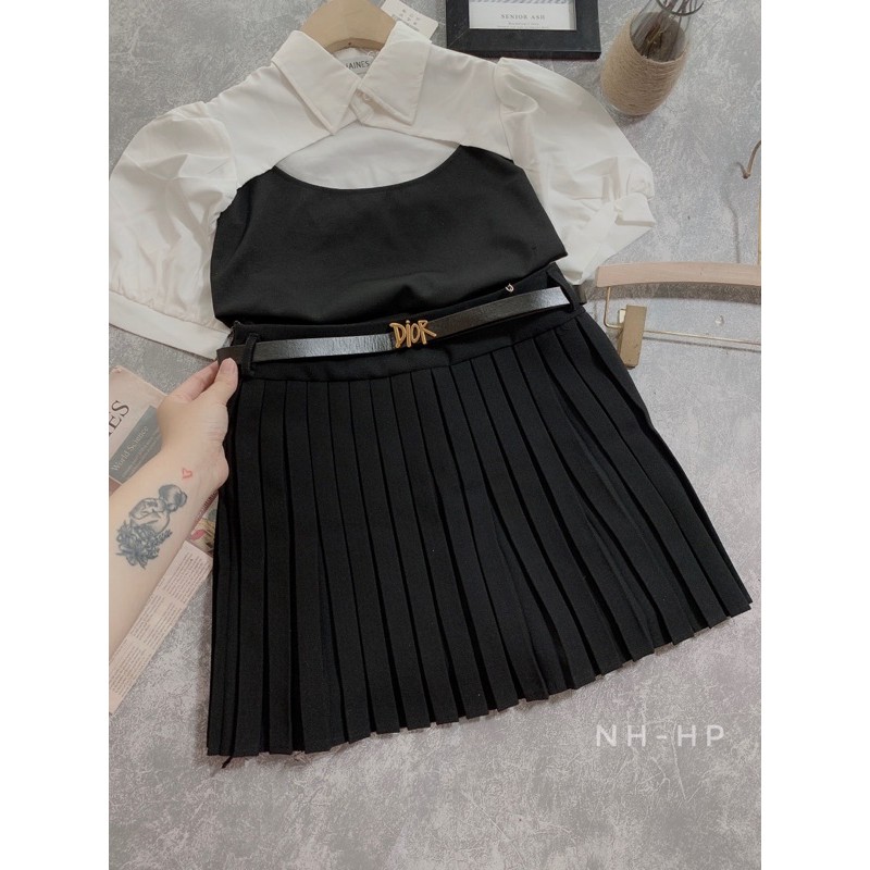 CHÂN VÁY XẾP LY KÈM ĐAI