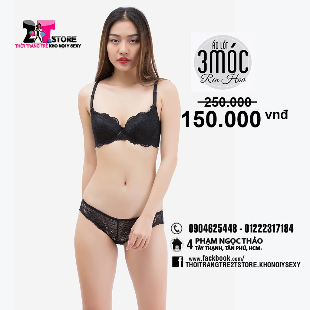 Áo Nâng Ngực Cotton 3 Móc Phối Ren (Đen)