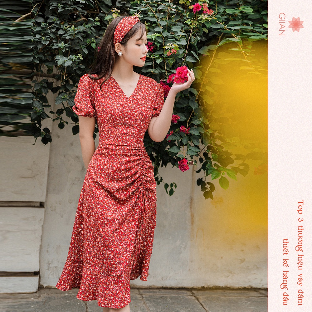 Váy hoa nhí tay bồng đuôi cá Vintage tay ngắn cổ V rút dây dáng dài VA0115 chính hãng GIIAN