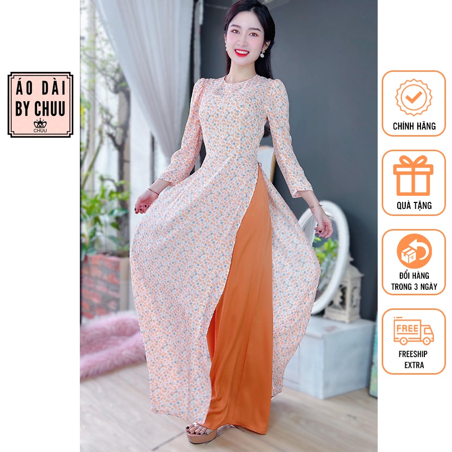 Áo dài nữ cách tân tay phồng họa tiết hoa lá không kèm quần CHUU AD8004