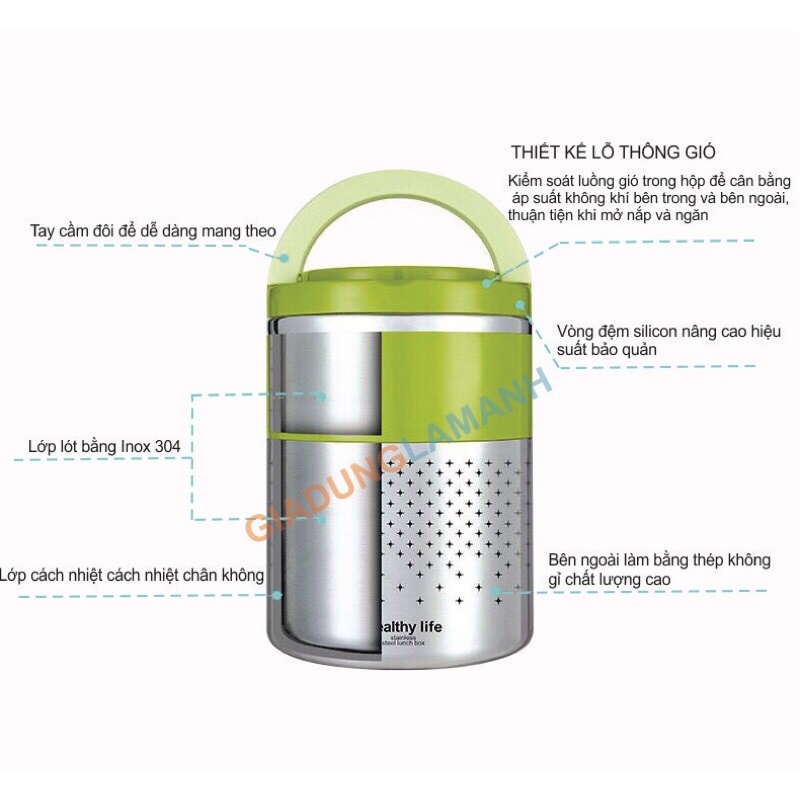 Hộp cơm giữ nhiệt 2 tầng 2 khay TEDEMEI, cà men đựng cơm, cặp lồng ủ nóng 6-8 tiếng