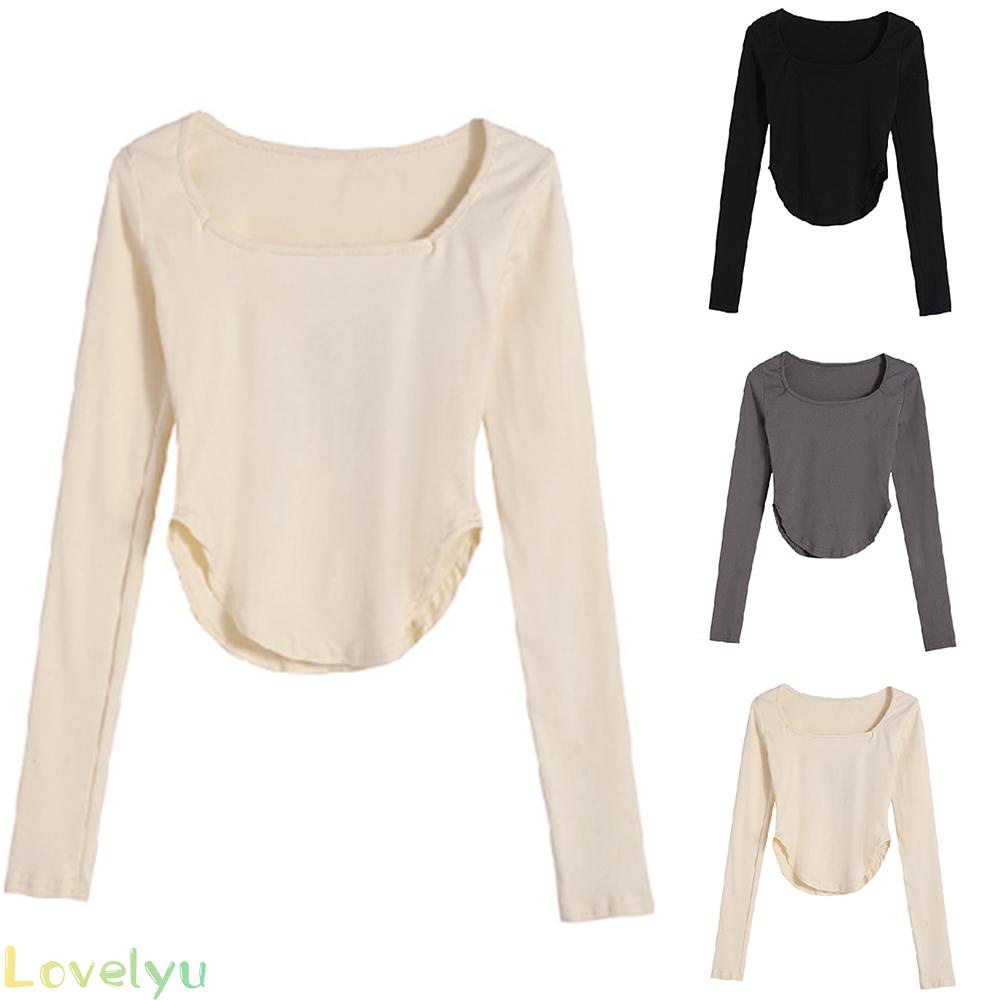 ◀READY▶Women Long Sleeve Tee Soft Comfort Irregular TShirt Retro Slim fit U Neck Top LsAajYZl# Good Quality