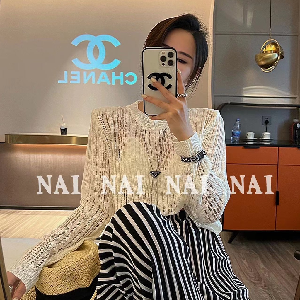 Áo dệt kim mỏng SUXI tay dài dáng rộng họa tiết kẻ sọc thời trang mùa hè xinh xắn cho nữ