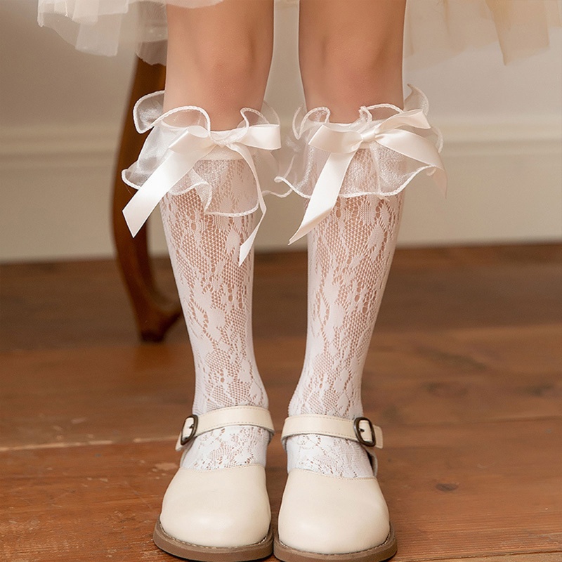 XIXI Tất Lưới Dài Qua Gối Vải Satin Trang Trí Nơ Dễ Thương Cho Bé Gái