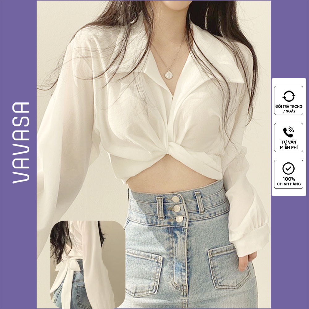 Áo Sơ Mi Lụa Crotop , Áo Sơ Mi Dáng Ngắn Cách Điệu ( Có cỡ big size) VAVASA SM28