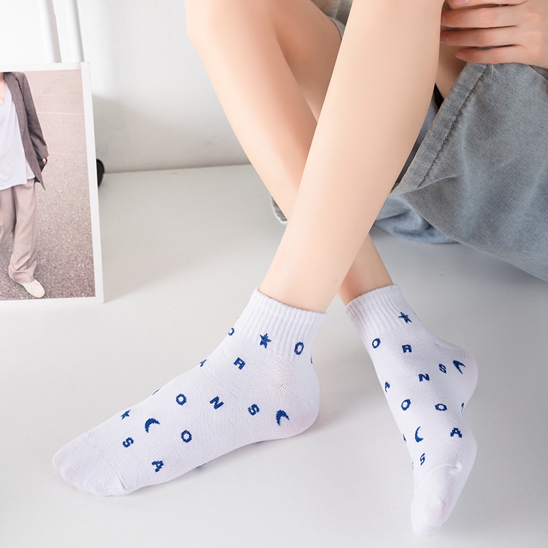 Vớ Cổ Thấp In Chữ Màu Xanh Dương Và Trắng Thời Trang Cho Nữ