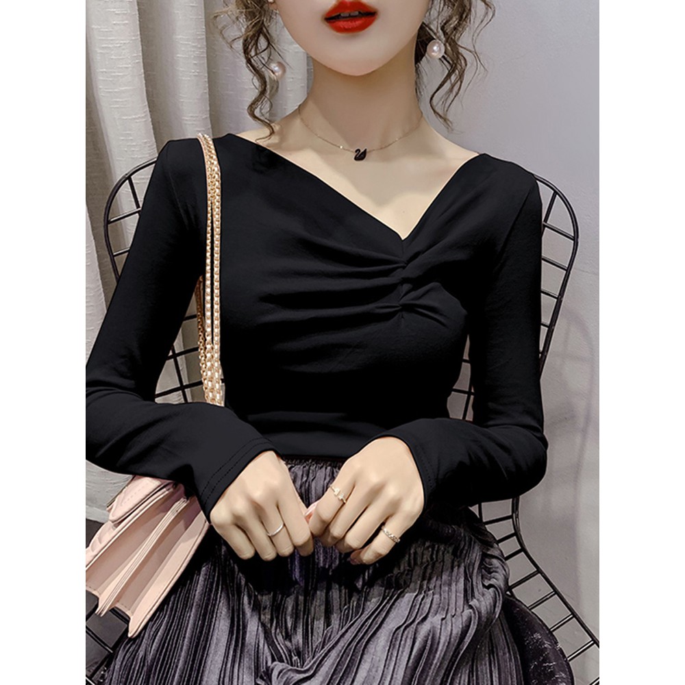 (ORDER-sẵn đen XL) Áo thun nữ dài tay mỏng mùa thu cổ V lệch điệu đà công sở Hàn Quốc sang chảnh