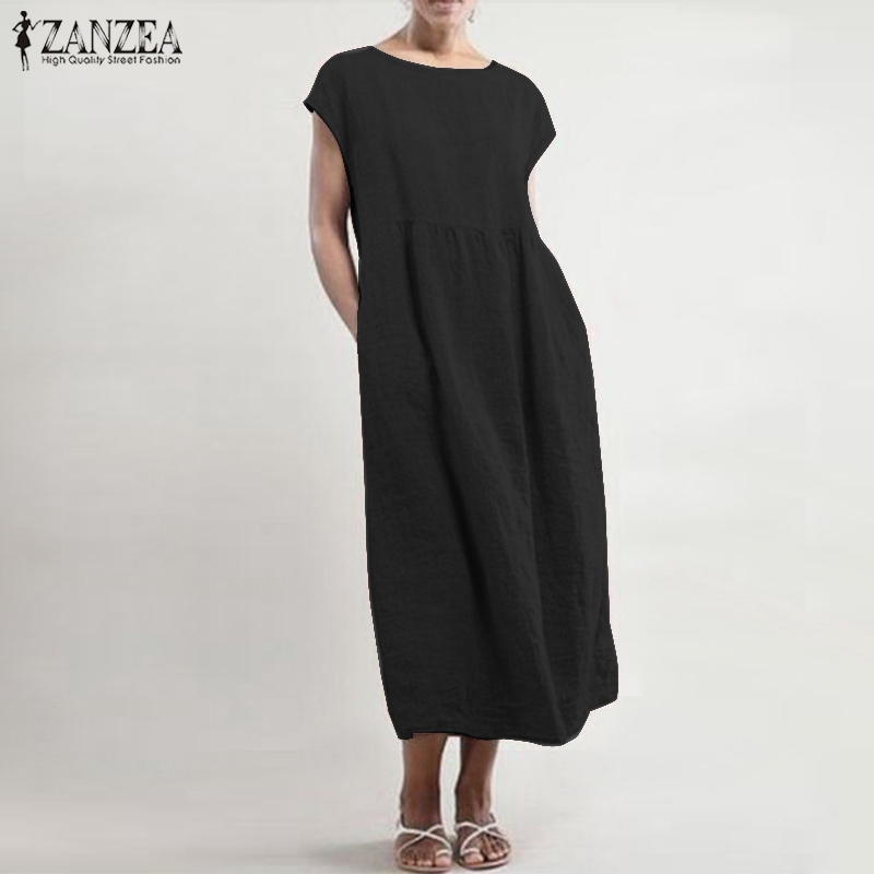 Đầm Maxi Zanzea Tay Ngắn Dáng Rộng Thời Trang Cho Phụ Nữ