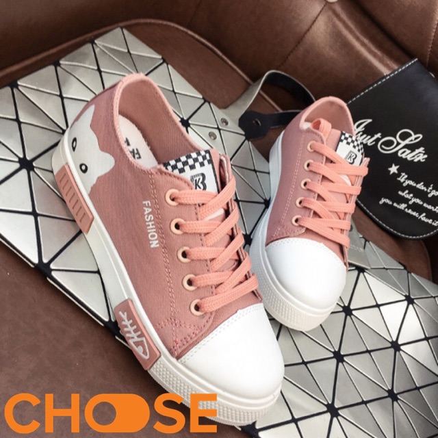 Giày Nữ Choose Giày vải Lười Nữ Thể Thao Sneaker bata Cột Dây Họa Tiết Mèo Xương CáGIÁ RẺ BẤT NGỜG1502