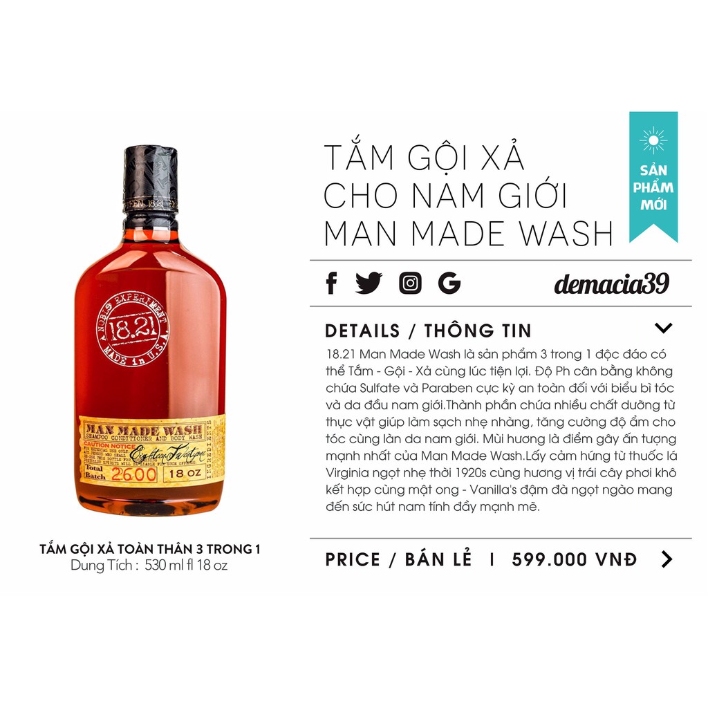 [HÀ NỘI] Dầu Tắm Gội Toàn Thân 18.21 Man Made WASH 200ml