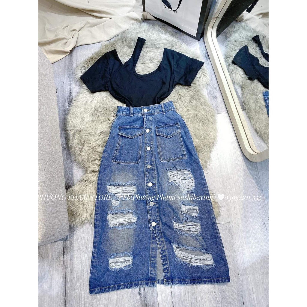 [giá xuất  xưởng] Chân váy jeans dáng dài, chân váy bò rách lưng cao túi nắp 1 khuy. Mã V013