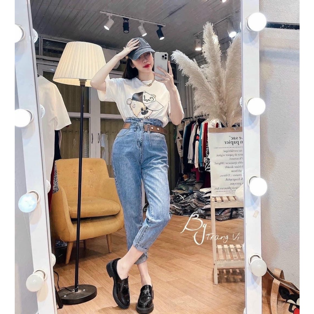 Quần jeans nữ baggy kèm đai túi nhỏ Đ64, quần bò lưng cao form đi học ulzzang