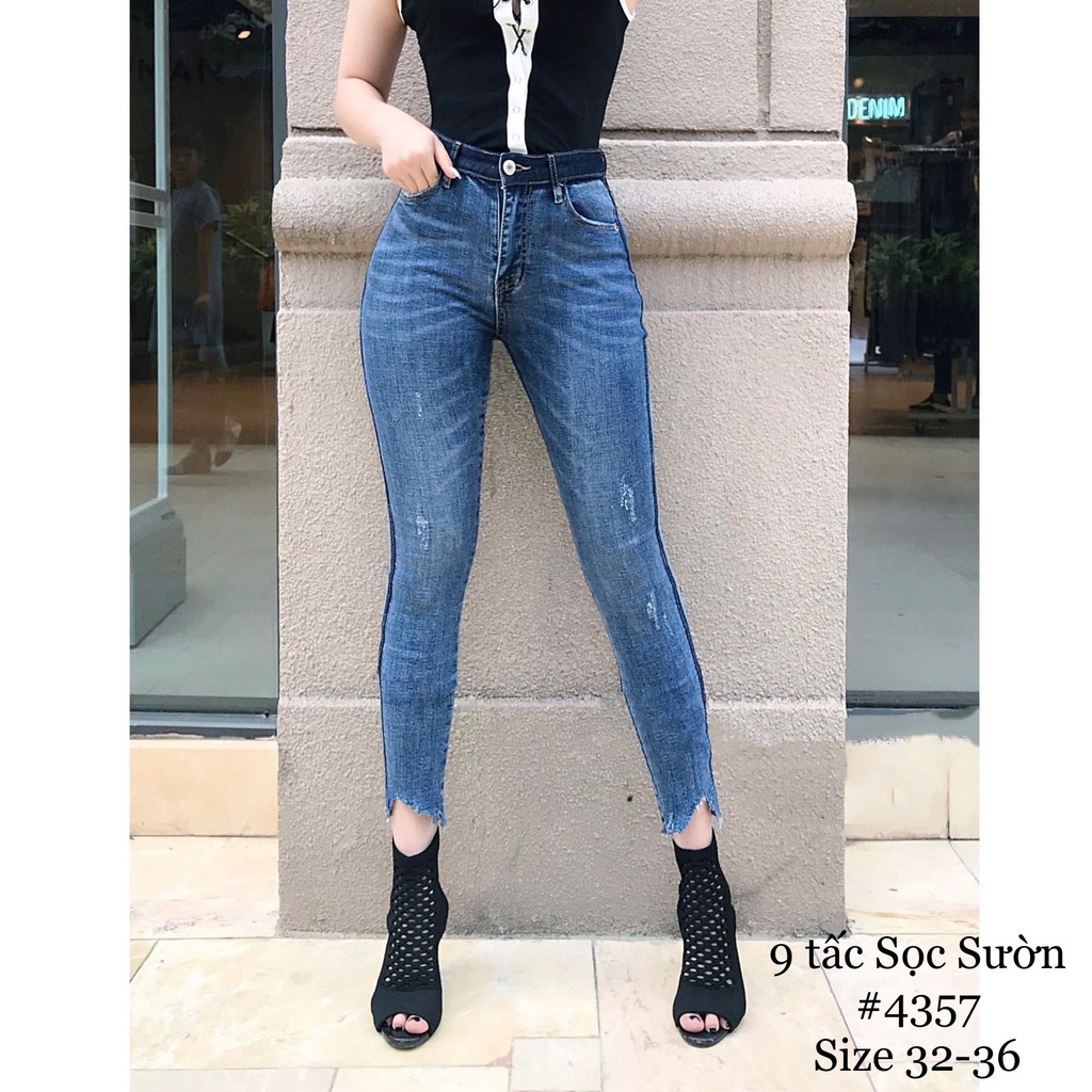 Quần jean nữ 9 Tấc lưng cao co giãn BigSize, Sọc Viền, bigsize skinny jeans dáng ôm 4357 MLJ 60kg 70kg 80kg 90kg