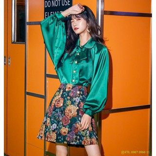 (SẴN SET S) @470. Set áo lụa cổ nơ phối chân váy hoa cao cấp (FEEDBACK+HÌNH THẬT 3 ẢNH CUỐI)
