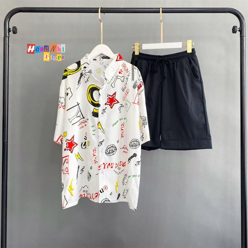 Áo Sơ Mi Hoạ Tiết Hoạt Hình Tay Lỡ Dáng Rộng Ulzzang Unisex, Sơ Mi Đi Biển - MM