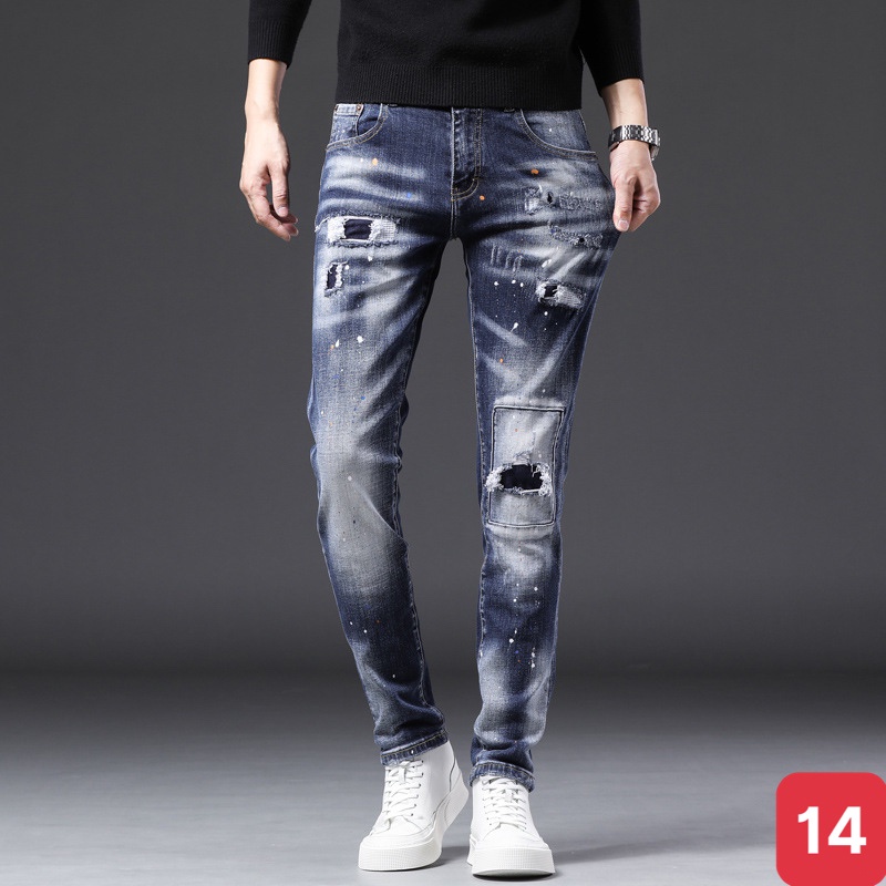 Quần jean nam xanh đậm vảy sơn rách gối chất bò cao cấp co dãn 4 chiều cực đẹp from dáng rin skinny ADO Q16