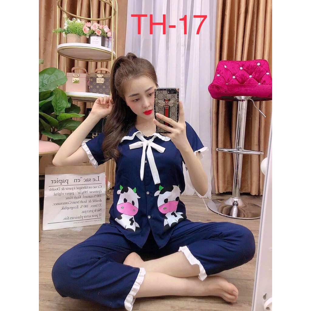 Đồ bộ mặc nhà Kate lụa - Đồ ngủ - Pijama hình bò sữa siêu kute Free size dưới 55kg