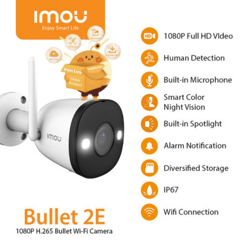 Camera IP Dahua IMOU Bullet 2E 6.0 lens 1080P FHD Wi-Fi Camera Có Đèn Sáng Kép 4 Chế Độ Màu Có Âm Thanh Chống Nước IP67