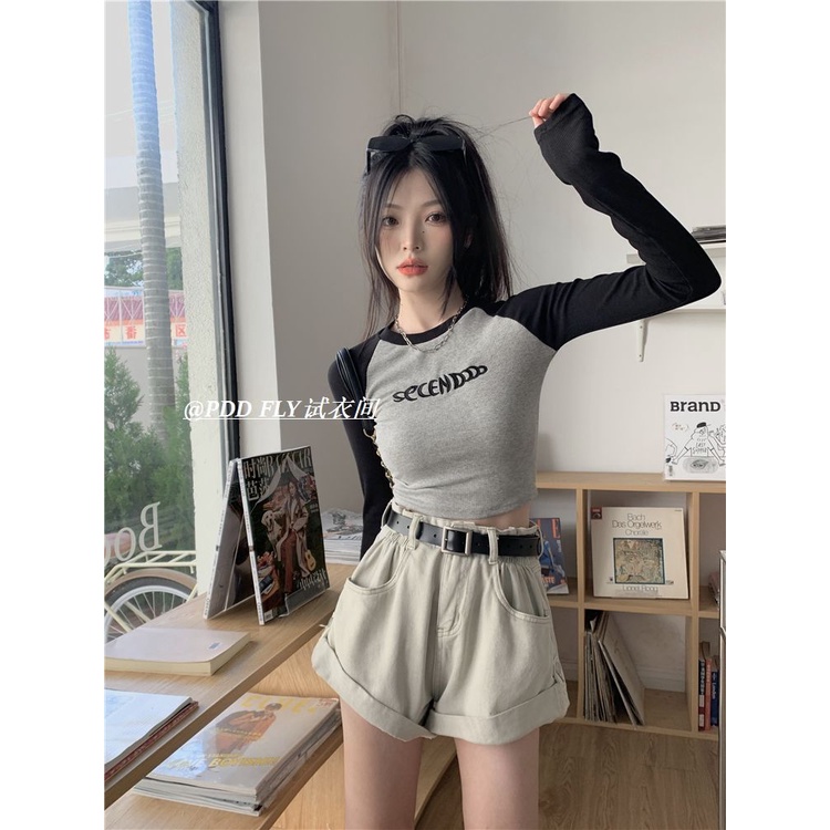 COZOK Áo Croptop Tay Dài Hoạ Tiết Chữ Thêu Phong Cách Vintage