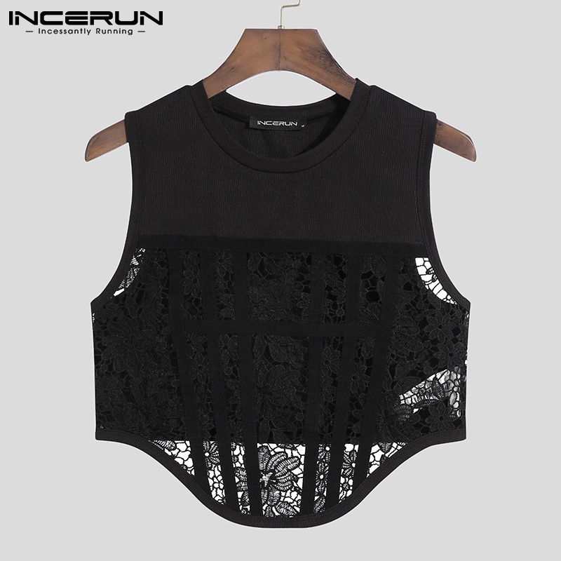 Áo ba lỗ INCERUN cổ tròn phối ren không tay thoáng mát sành điệu cho nam