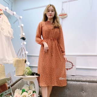 Đầm suông chun ngực kèm dây đai nơ hoa cam
