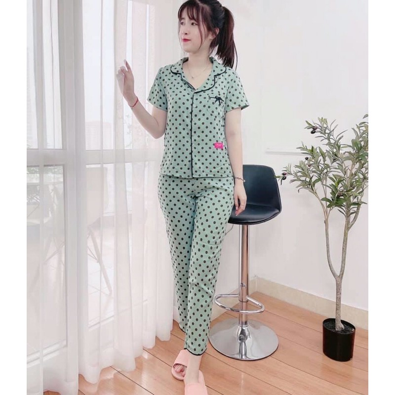 Bộ pizama chấm bi, chất đũi lạnh mềm mại thoáng mát, không nhăn, đủ size