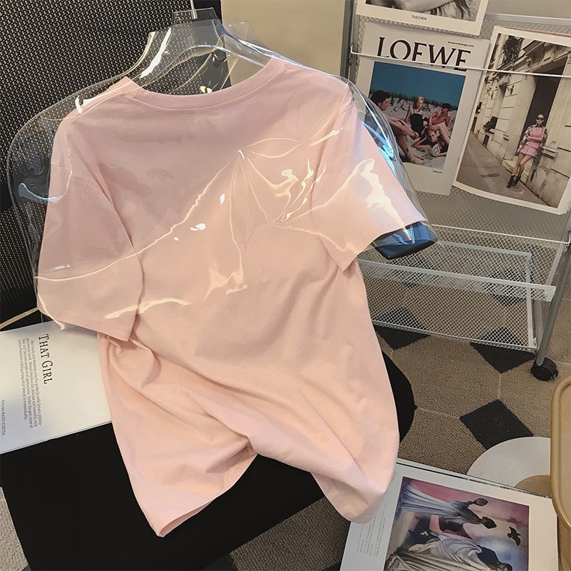 Áo Thun Nữ Ngắn Tay Cổ Tròn In Chữ Màu Hồng