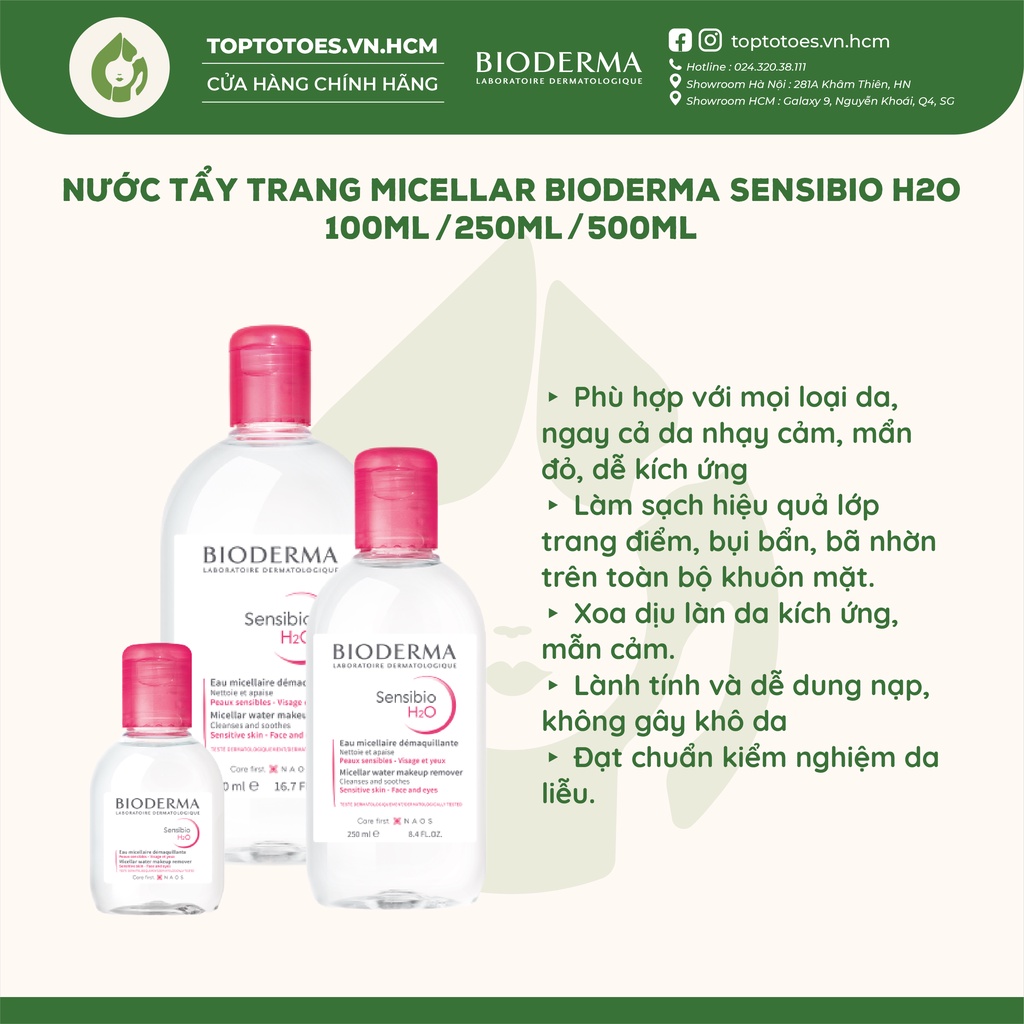 Nước tẩy trang Bioderma hồng Micellar Sensibio H2O cho da nhạy cảm 100ml/ 250ml/ 500ml [NHẬP KHẨU CHÍNH HÃNG 100%]