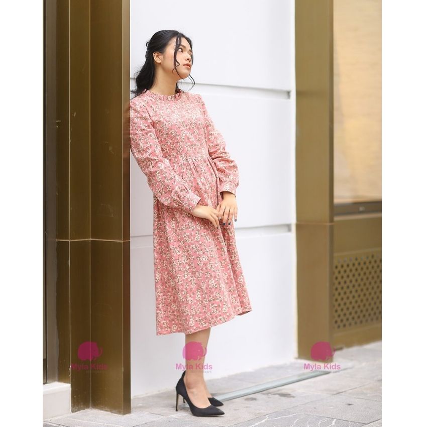 Set váy mẹ bé đi chơi hoa nhí, váy đôi mẹ bé thu đông dài tay cổ bèo hoa nhí hồng cho bé 1-2-3-4-5-6-7-8-9-10 Mylakids